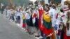 Medininkai, Lithuania - People form a human chain to show support to protesters in Belarus