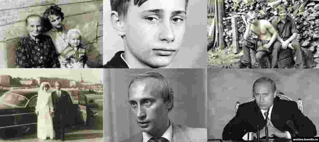 Коллаж архивных фотографий Владимира Путина, начиная с детства и заканчивая 2002-м годом
