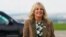 SLOVAKIA – U.S. First lady Jill Biden wears a large Ukrainian pin on her jacket as she walks toward her plane at Kosice International Airport in Kosice, Slovakia, May 8, 2022