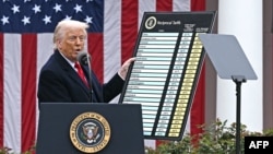 Дональд Трамп в "День освобождения" 2 апреля 2025 года демонстрирует таблицу с новыми тарифами для ряда стран