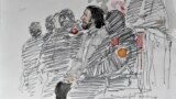 BELGIUM -- A courtroom sketch shows prime suspect in the November 2015 Paris attacks Salah Abdeslam prior to the opening of his trial at the "Palais de Justice" courthouse in Brussels, February 5, 2018