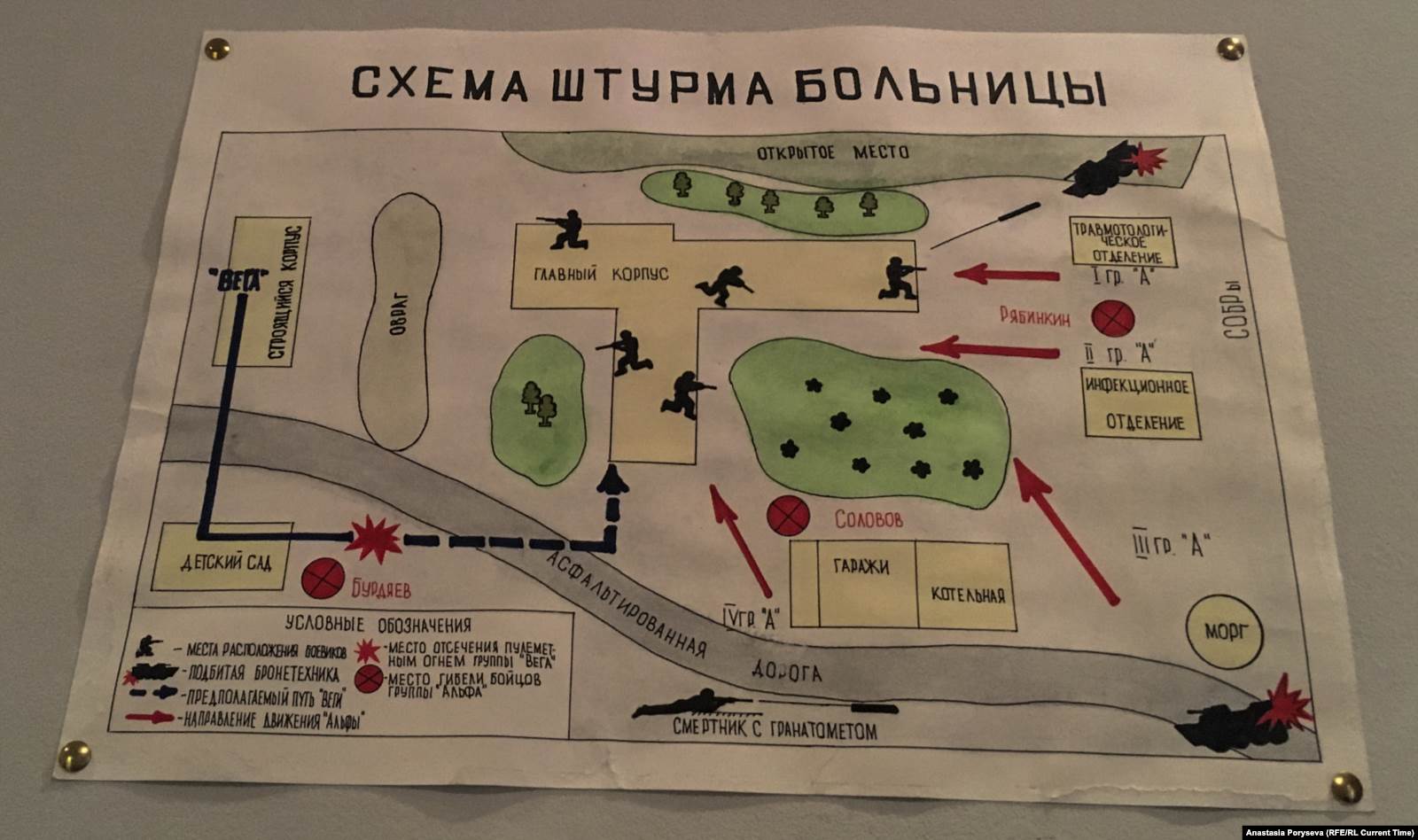 Схема штурма больницы 17 июня 1995 года, размещенная в городском музее Буденновска
