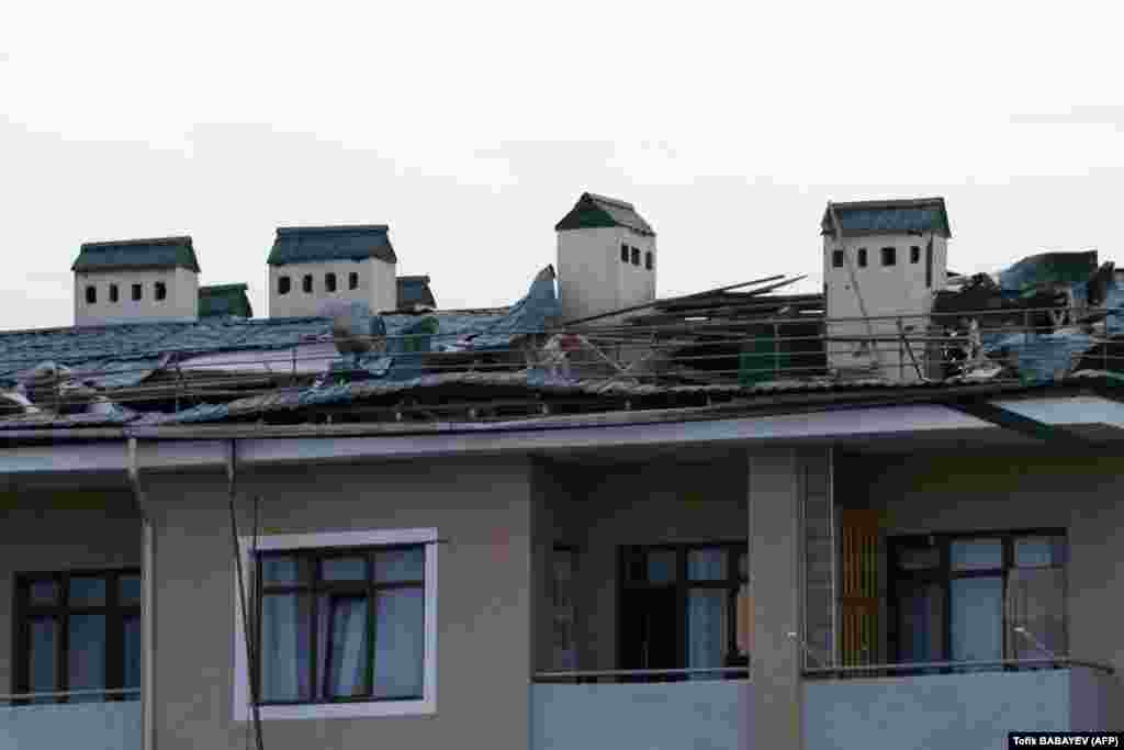 An apartment building damaged by shelling in the Azerbaijani town of Tartar, just north of Nagorno-Karabakh
