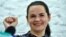 BELARUS -- Presidential candidate Svyatlana Tsikhanouskaya gestures during a press conference in Minsk, July 17, 2020