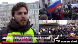 TV Rain correspondent Aleksei Korostelyov, shown covering Moscow's April 21 rally in support of jailed opposition politician Aleksei Navalny, is among several Russian reporters detained for supposedly participating in the unauthorized protest. 