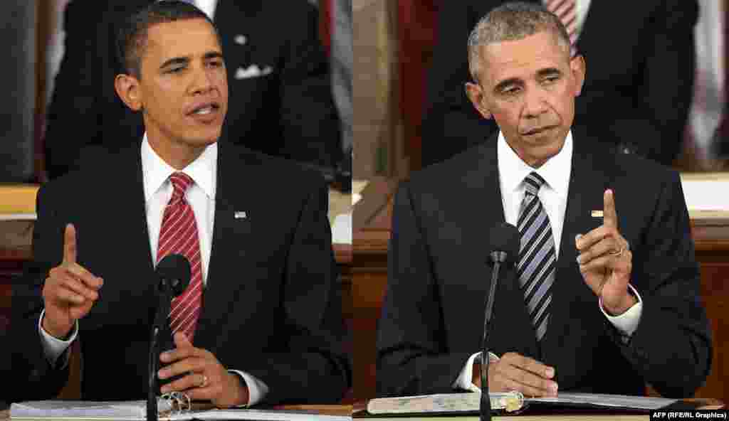 Президент США Барак Обама в 2009 (слева)&nbsp;и в 2016 году