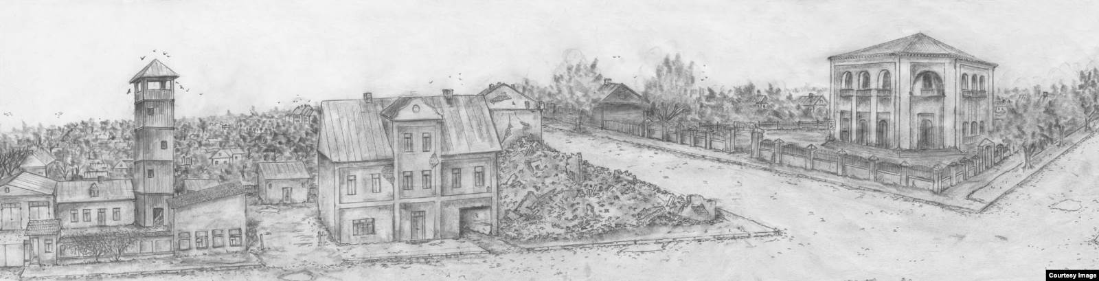 Старейшая синагога в Бресте, построена в 1862 году. Потеряла прихожан, но уцелела среди руин. Так она выглядела в 1944-45 годах. Рисунок Владимира Губенко