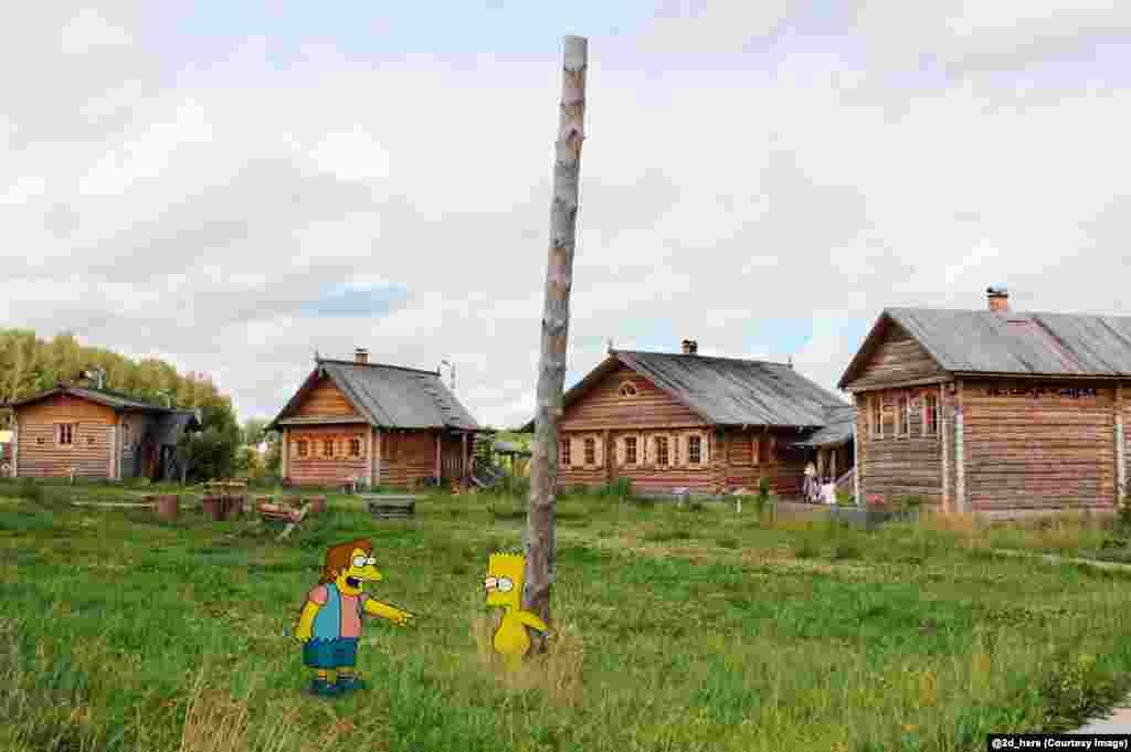 Нельсон из мультфильма &quot;Симпсоны&quot; издевается над Бартом в российской деревне