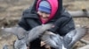 Дебальцево. Пенсионерка кормит голубей на площади имени Ленина 