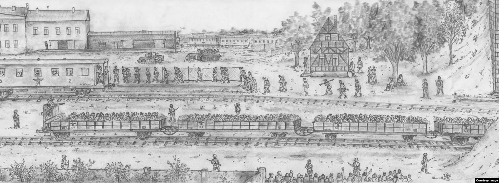 Станция "Брест-Центральный", июнь 1941 года. Пленных бойцов и командиров Красной армии, большинство из которых были защитниками Брестской крепости, вывозят в лагерь в районе Бялой Подляски. Было отправлено несколько эшелонов. Рисунок Владимира Губенко