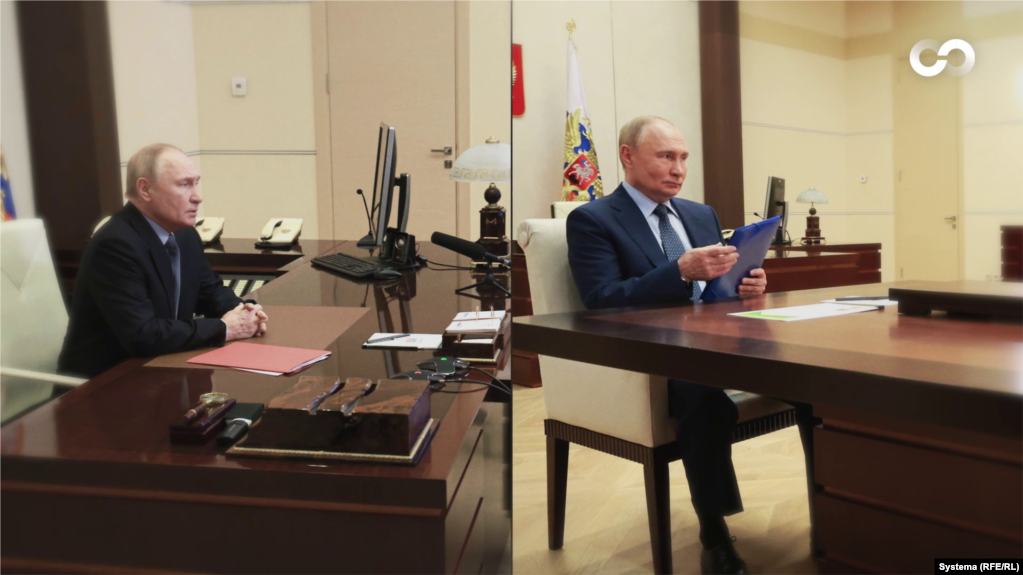 По утверждению Кремля, две этих фото были сняты в одном и том же кабинете в один день, 12 июля 2024 года. Однако детали интерьера указывают, что снимки были сделаны в разных местах