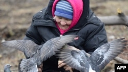 Дебальцево. Пенсионерка кормит голубей на площади имени Ленина 