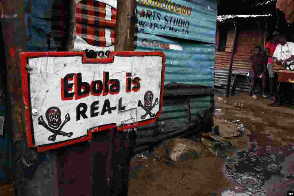 Знак предупреждает об опасности вируса Эбола в Уэст-Пойнте, в области трущоб либерийской столицы, Монровии, 25 сентября. Область была среди самых неблагополучных из затронутых вспышкой вируса Эбола в Западной Африке.&nbsp;(Ahmad Jallanzo, epa)