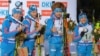 Austria - First-placed Alexei Volkov, Dmitry Malyshko, Anton Shipulin, and Evgeny Garanichev (L-R) of Russia pose at an awards ceremony for the men's 4x7,5km relay race at the 2015/16 Season IBU Biathlon World Cup stage in Hochfilzen.