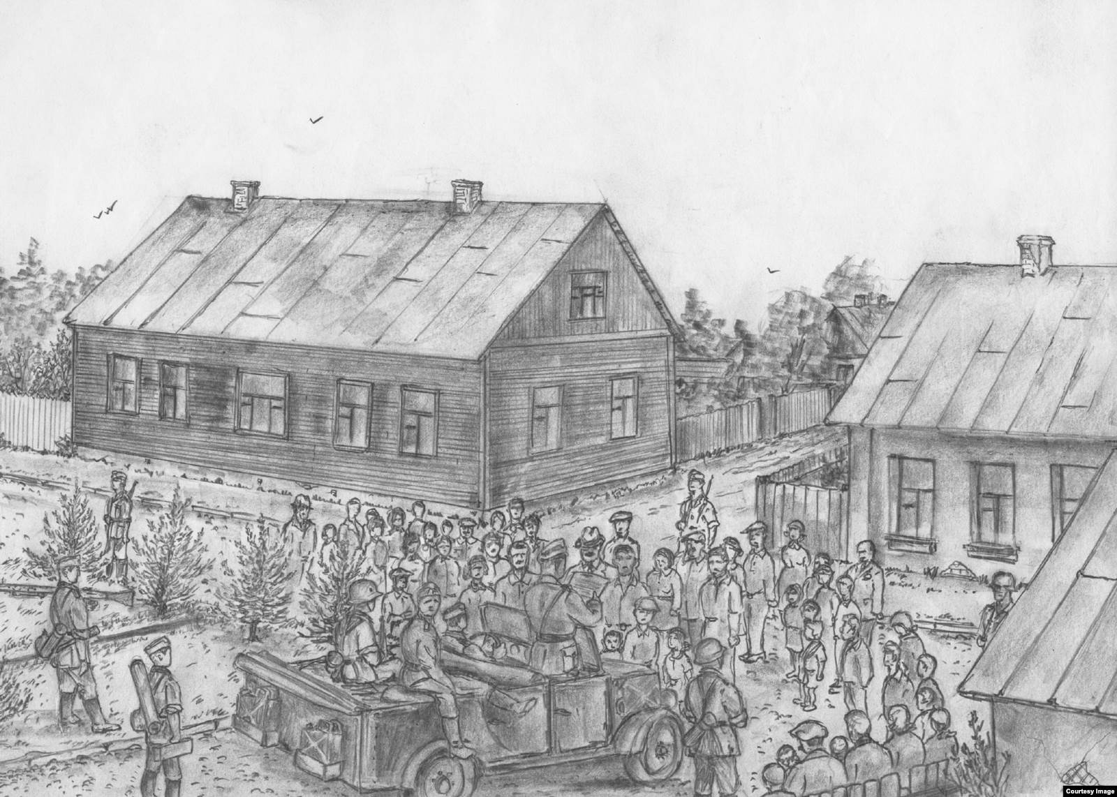 22 июня 1941 года. Перекресток улиц Мицкевича – Менжинского. Оглашение первых немецких приказов. Изображенные на рисунке дома сохранились. Рисунок Владимира Губенко