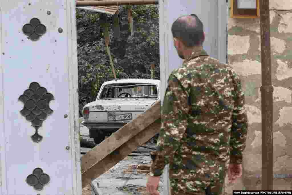 Alleged damage from Azerbaijani shelling in the Nagorno-Karabakh town of Martuni (called Khojavend by Azerbaijanis)