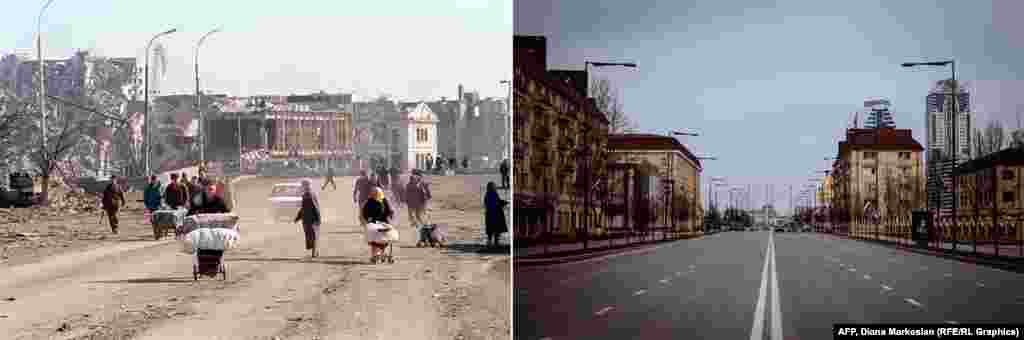 В 1995 году улица Ленина была разбита и заполнена беженцами. Белое здание &ndash; разрушенная музыкальная школа. Теперь улица переименована в проспект Кадырова, который ведет к соборной мечети, по одним данным, крупнейшей в Европе.
