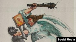 Ангел побивает дубиной Мефистофеля, карикатура (С) Олег Дергачев