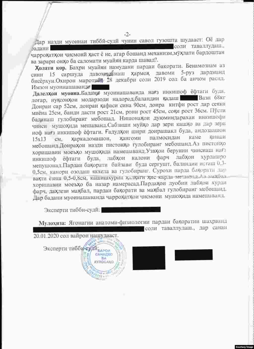 An official certificate for a Tajik virginity test