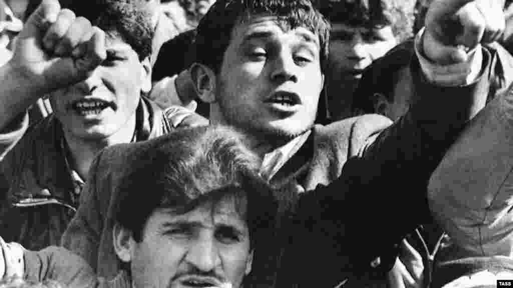 Protesters rally on February 15, 1990, on Lenin Square in Dushanbe, following bloody riots as Islamists emerged on the political scene. Two years later, the fledgling country of Tajikistan was embroiled in a bloody civil war that claimed tens of thousands of lives before its end in 1997.