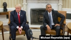 Дональд Трамп и Барак Обама на встрече в Белом доме 10 ноября 2016 