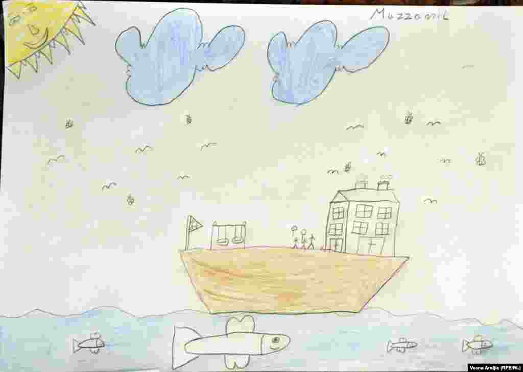 Например, Муззамил нарисовал дом, который переправляет корабль Рисунок 5-летнего Муззамила из Сирии