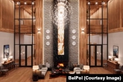 Вид на фойе площадью 150 м² с семиметровыми потолками на первом этаже основного коттеджа. Иллюстрация из дизайн-проекта "Концептуальное решение интерьеров комплекса "Красная Поляна". Источник: BelPol