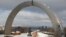 UKRAINE -- A crack made by Ukrainian artists on the arch of a Soviet-era monument to Ukraine and Russia's friendship is seen in Kyiv, November 28, 2018