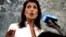 .S. -- U.S. Ambassador to the United Nations Nikki Haley speaks at a press briefing at U.N. headquarters in New York, July 20, 2018