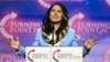 (FILES) Former US Representative Tulsi Gabbard speaks during a Turning Point Action 'United for Change' campaign rally for former US President and Republican presidential candidate Donald Trump at Thomas & Mack Center in Las Vegas, Nevada, on October 24, 