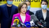 MOLDOVA -- Moldovan presidential candidate Maia Sandu speaks to media after polling stations closed in the second round of presidential elections in Chisinau, November 15, 2020