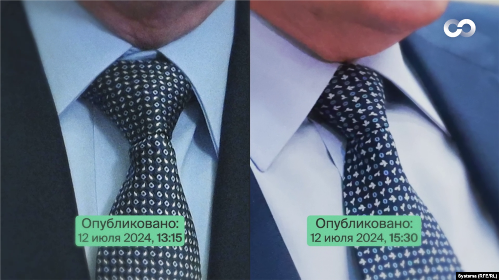 Два разных галстука, которые появляются на Путине в публикацих Кремля за одну дату, 12 июля 2024 года. Как правило, Путин не меняет галстуки для двух идущих подряд встреч. Эти галстуки он надевал в разных кабинетах