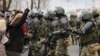 Belarus - Belarusian law enforcement officers block opposition supporters during their rally to reject the presidential election results in Minsk, 1nov2020