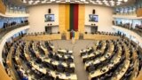 LITHUANIA – Ukrainian President Volodymyr Zelensky speaks to the Lithuanian parliament in Vilnius, Lithuania, April 12, 2022