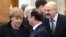 Belarus -- Belarus’ President Alyaksandr Lukashenka (R) with France's President Francois Hollande and German Chancellor Angela Merkel at the presidential residence in Minsk, February 11, 2015