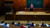 A teacher gives a lecture in the Faculty of Chemistry at Moscow State University (MSU)