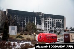 A photograph taken on January 10, 2022 shows Almaty's burnt-out city hall following violent anti-government protests.