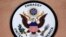 RUSSIA -- The coat of arms of the United States is seen outside the U.S. Embassy in Moscow, August 22, 2017