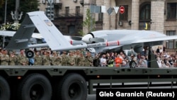 A Bayraktar TB2 drone is seen during an August 18, 2021 rehearsal for Ukraine's August 24 Independence Day military parade in downtown Kyiv.