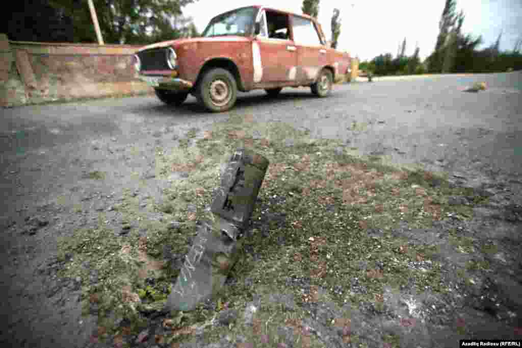 A shell-damaged road in the Azerbaijani town of Tartar, just north of Nagorno-Karabakh