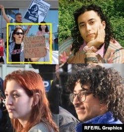 Задержанные по подозрению в поджоге офиса и мастерских LPP Holding: Анежка Брахова и Юссеф Мусри (верхний ряд – фотографии из социальных сетей и общедоступных сайтов; нижний ряд – фотографии, сделанные 25 марта возле суда и опубликованные чешскими СМИ)