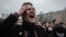 An injured young protester yells at Moscow's unauthorized January 23, 2021 rally for opposition leader Aleksei Navalny's release from prison. 