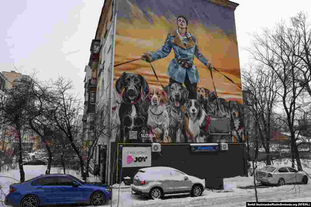 Мурал с изображением волонтера Анастасии Тихой. В начале полномасштабного вторжения России ей удалось вывезти из Ирпеня около 30 животных, среди которых были и собаки с инвалидностью. Граффити повторяет фотографию, сделанную американским фотографом Кристофером Оккиконе, ее оригинал можно найти здесь