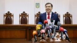 UKRAINE -- Ukrainian opposition figure and Georgian former President Mikheil Saakashvili addresses the media inside a court building in Kyiv, January 11, 2018