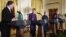 U.S. -- (L-R) President Raimonds Vejonis of Latvia, President Kersti Kaljulaid of Estonia, President Dalia Grybauskaite of Lithuania and US President Donald Trump participate in a press conference in the East Room of the White House on April 3, 2018.