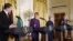U.S. -- (L-R) President Raimonds Vejonis of Latvia, President Kersti Kaljulaid of Estonia, President Dalia Grybauskaite of Lithuania and US President Donald Trump  participate in a press conference in the East Room of the White House on April 3, 2018.