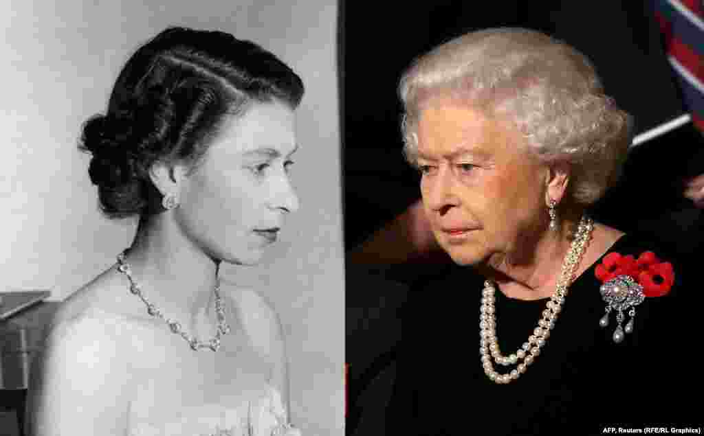 Королева Великобритании Елизавета II в 1953 (слева) и в 2015 году