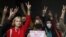 BELARUS -- People take part in a rally outside Minsk State Linguistic University in support of students who were detained on 4 September, in Minsk, September 7, 2020