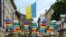 Ukraine -- Street decorated with colored umbrellas, Lviv
