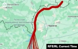 Схема полетов российских дронов из Брянской области РФ вдоль границы Украины и Беларуси до Киева